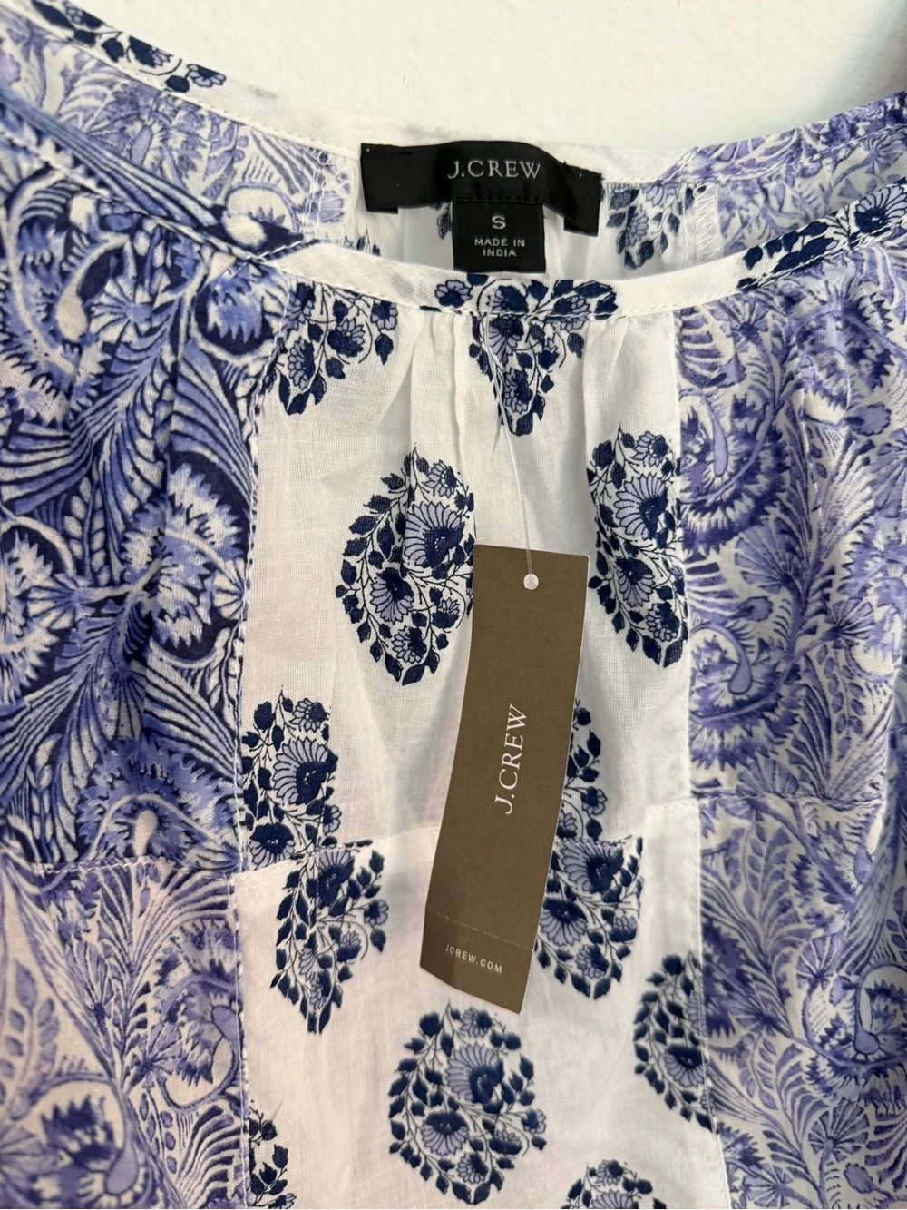 J. Crew White and Blue Printed Puff-Sleeve Blouse
